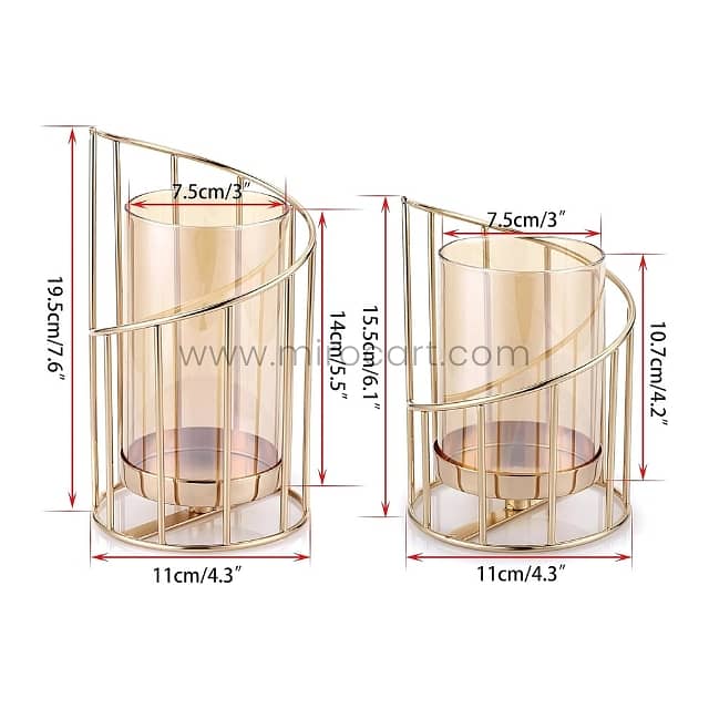 Golden Pillar Candle Holder – Spiral Metal Design with Windproof Glass 7