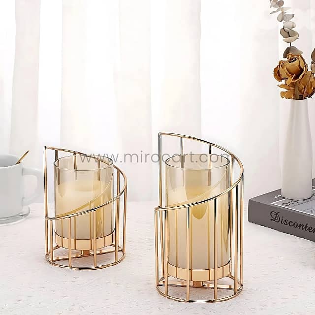 Golden Pillar Candle Holder – Spiral Metal Design with Windproof Glass 8