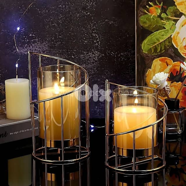 Golden Pillar Candle Holder – Spiral Metal Design with Windproof Glass 9