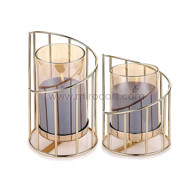 Golden Pillar Candle Holder – Spiral Metal Design with Windproof Glass 11
