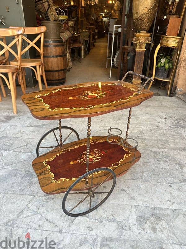 ترولي ايطالية انتيك ماركتري رسم بالخشب vintage italy troley bar 0