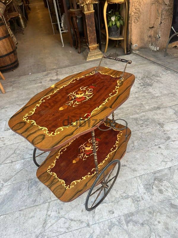 ترولي ايطالية انتيك ماركتري رسم بالخشب vintage italy troley bar 1