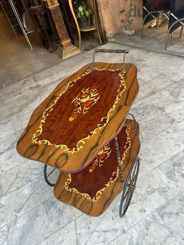 ترولي ايطالية انتيك ماركتري رسم بالخشب vintage italy troley bar 2