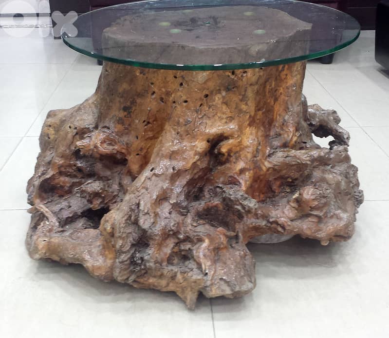 SOLD *** Table; Olive Tree Trunk 200 Years Old, + Glass Top, @300$ 0