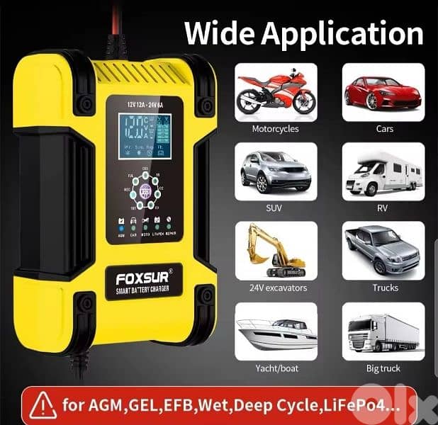 Foxsur Automatic Battery Charger 12V 12A 24V 6A 1