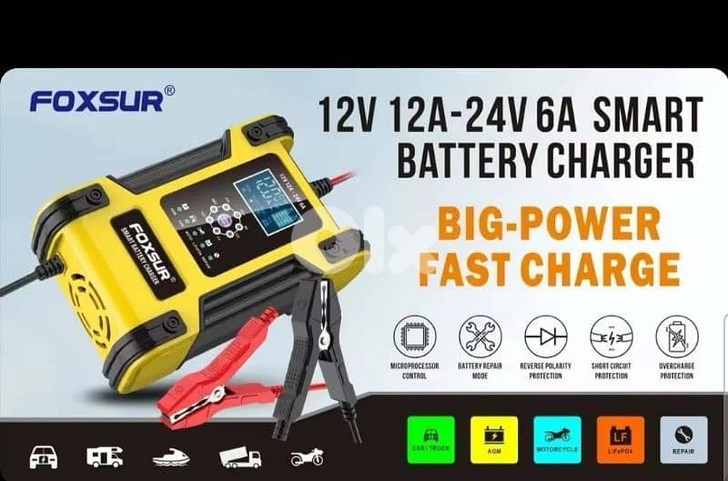 Foxsur Automatic Battery Charger 12V 12A 24V 6A 3