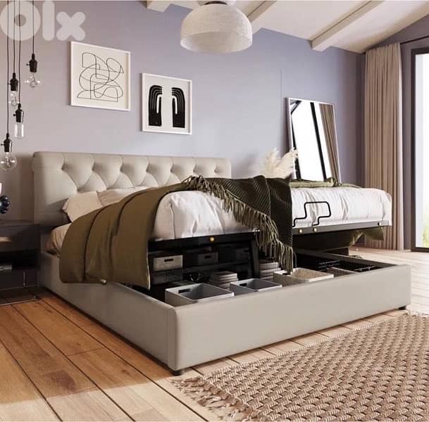 Double Bed, Adjustable Headboard, Bed with Metal Slatted Base 0