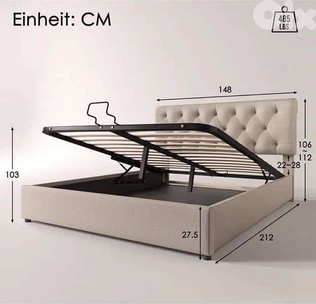 Double Bed, Adjustable Headboard, Bed with Metal Slatted Base 3
