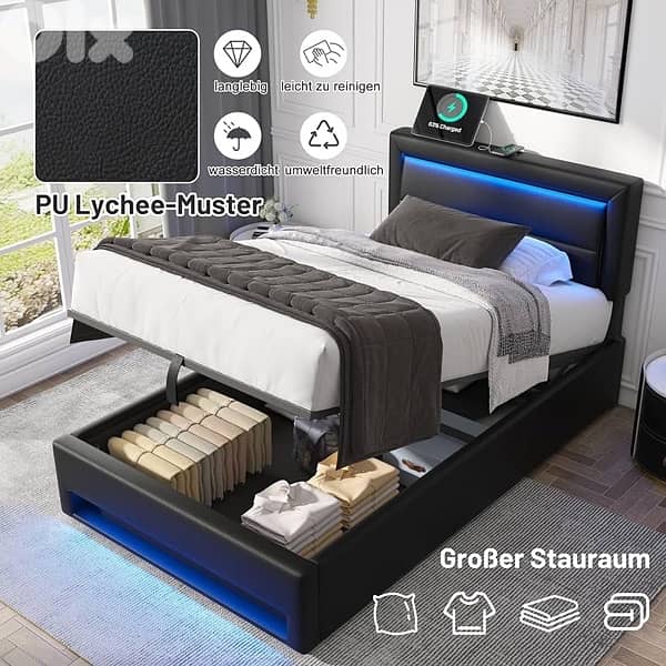 Upholstered Bed 90 x 200 cm with Bed Box, LED Lighting, USB Connection 0