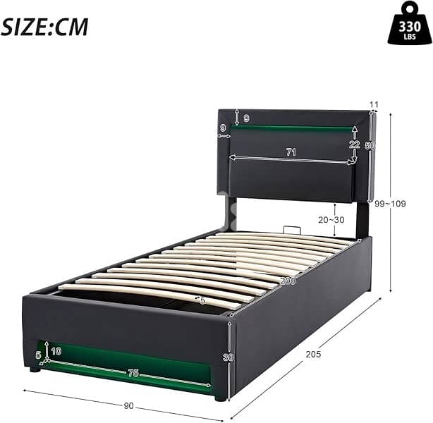 Upholstered Bed 90 x 200 cm with Bed Box, LED Lighting, USB Connection 1