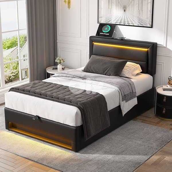 Upholstered Bed 90 x 200 cm with Bed Box, LED Lighting, USB Connection 2