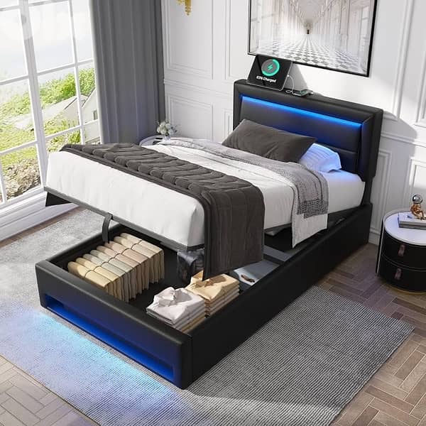 Upholstered Bed 90 x 200 cm with Bed Box, LED Lighting, USB Connection 3