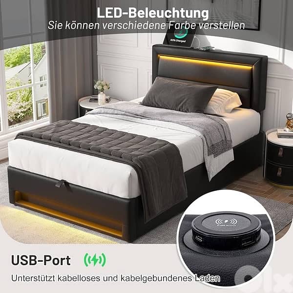 Upholstered Bed 90 x 200 cm with Bed Box, LED Lighting, USB Connection 5