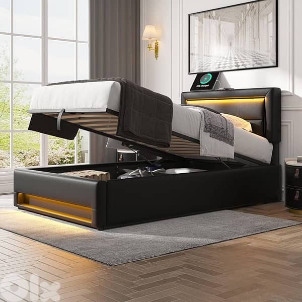 Upholstered Bed 90 x 200 cm with Bed Box, LED Lighting, USB Connection 6