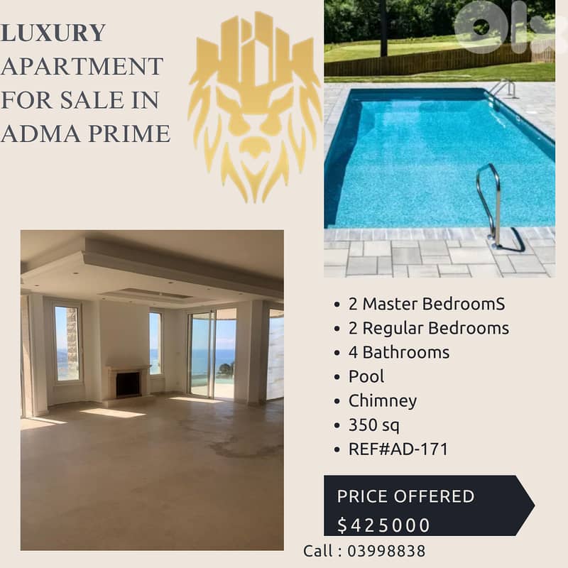 LUXURY APARTMENT FOR SALE IN ADMA PRIME (350SQ) WITH POOL ,(AD-171) 0