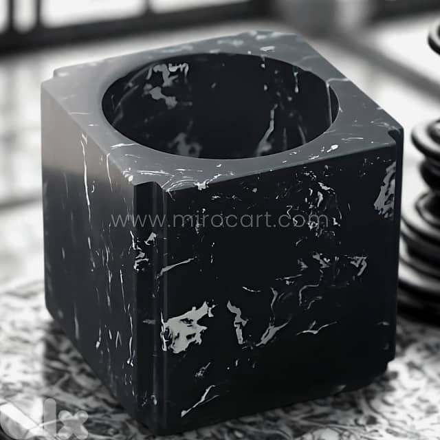 Modern Black Marble Vase – 6” Geometric Cube Decor with White Veining 0