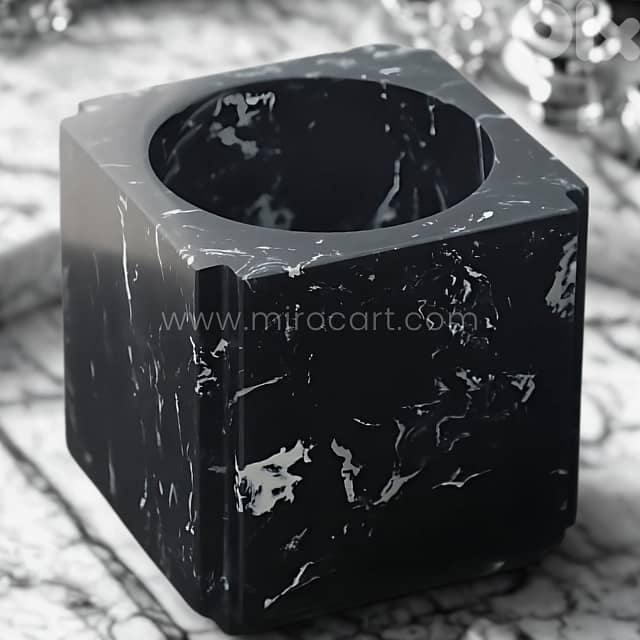 Modern Black Marble Vase – 6” Geometric Cube Decor with White Veining 1