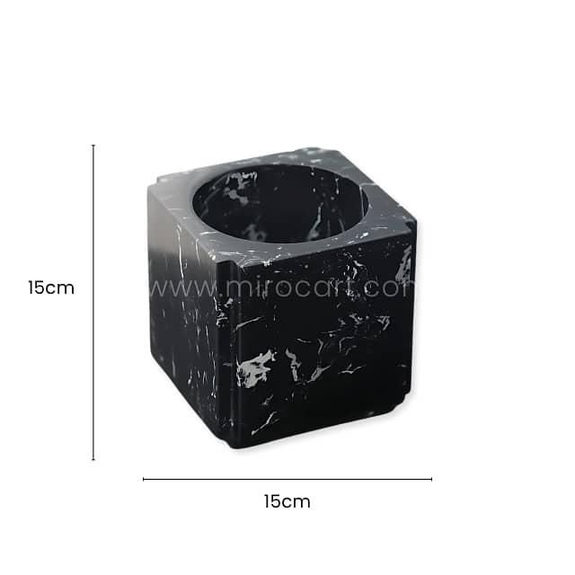 Modern Black Marble Vase – 6” Geometric Cube Decor with White Veining 3
