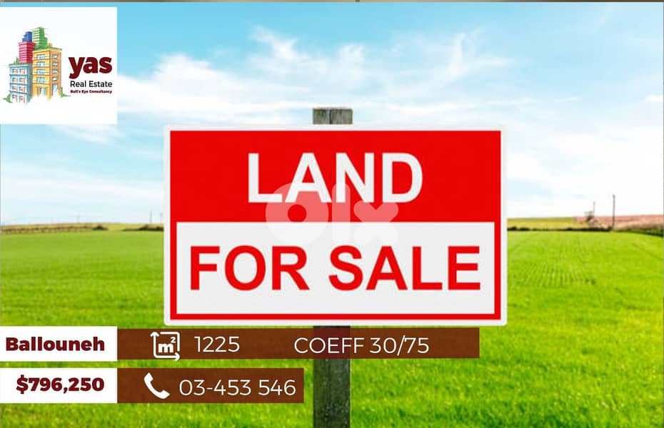 Ballouneh 1225m2 | Coeff 30/75 | Claasy Area | Sea View | BA| 0