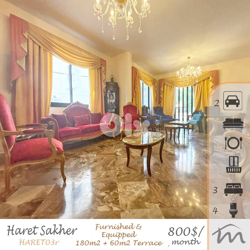 Haret Sakher | Furnished & Equipped 180m² + 60m² Terrace | Prime Area 0