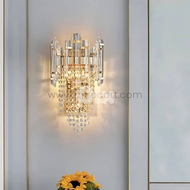 Crystal Cascade Wall Light with Jewel-Cut Glass & Brushed Gold 7