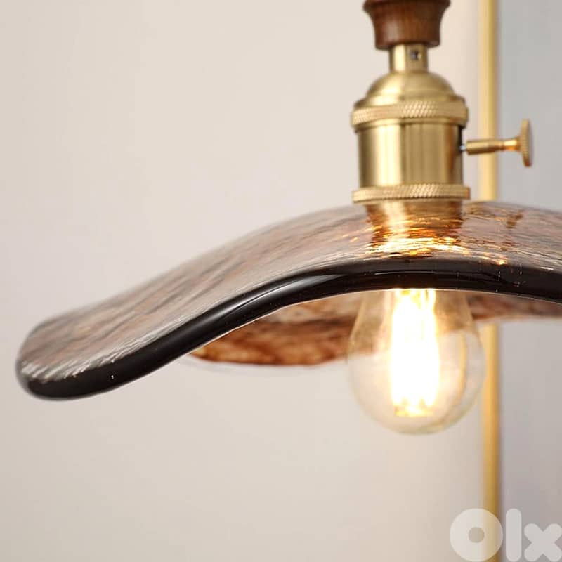 Vintage Pendant Light, Amber Glass Hanging Lamp, Walnut Fittings 1