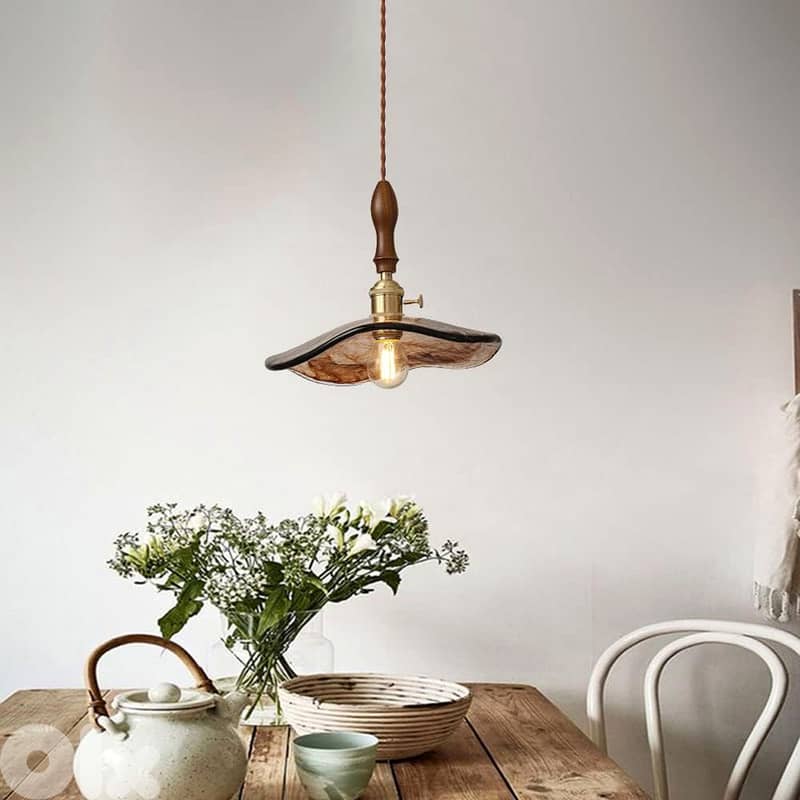 Vintage Pendant Light, Amber Glass Hanging Lamp, Walnut Fittings 2