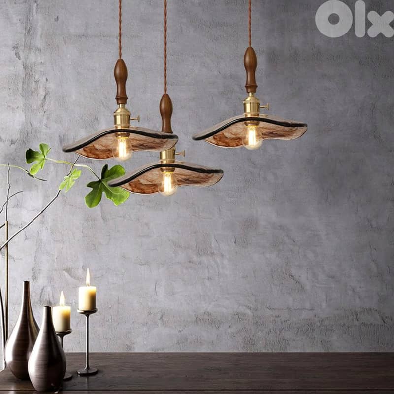 Vintage Pendant Light, Amber Glass Hanging Lamp, Walnut Fittings 3