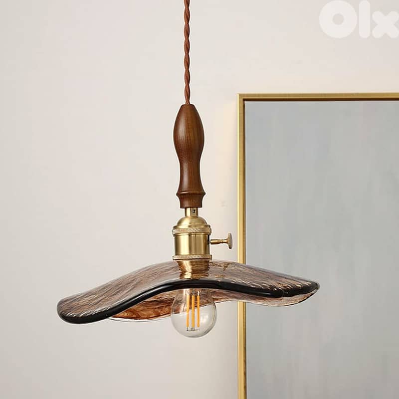 Vintage Pendant Light, Amber Glass Hanging Lamp, Walnut Fittings 4