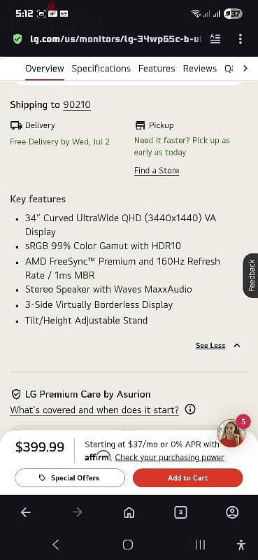 LG 34inch Curved Ultrawide 1440p Gaming Monitor 160hz 2