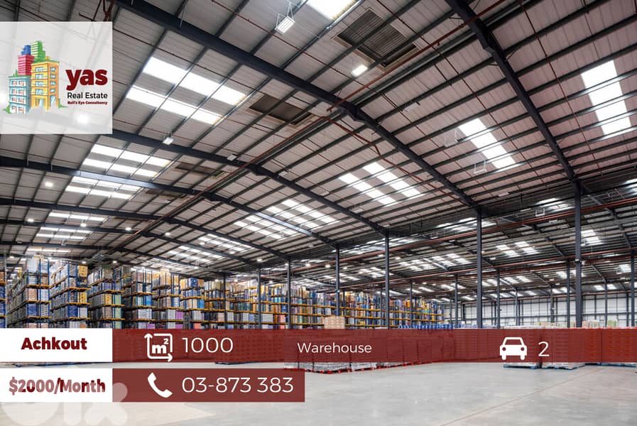 Achkout 1000m2 | Spacious Warehouse | Main highway |Rent | JA | 0