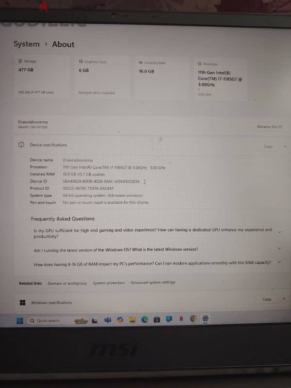 MSI GAMING LAPTOP I7 11TH RTX2060 4