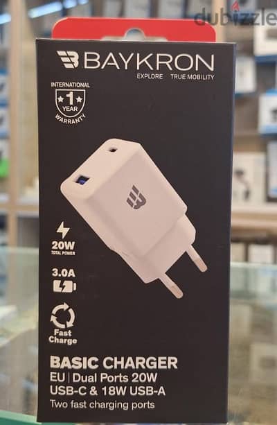 BAYKRON BASIC CHARGER EU/DUAL PORTS 20W USB-C& 18W USB-A 20W 3A