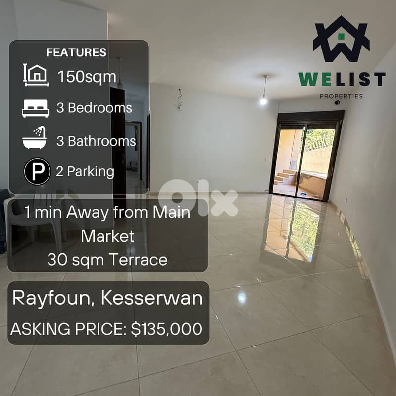 Apartment + Terrace for sale in Rayfoun  شقة + تراس للبيع في ريفون 0