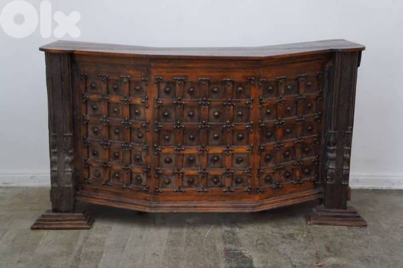 Bar with stools - solid wood engraved with metal crosses 0