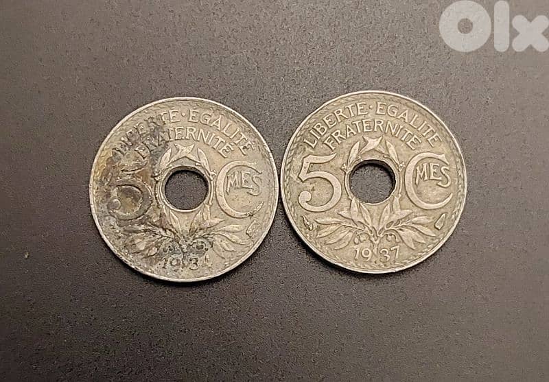 France 5 centimes 1934 & 1937 WW2 1