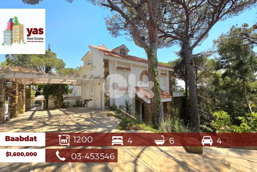 Baabdat 1200m2 Land|Triplex Villa |600m2 built up Area|900m2 Garden|PA 0