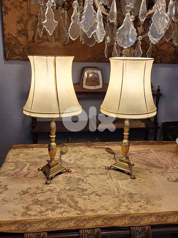 pair of bronze and leather top lamps 0
