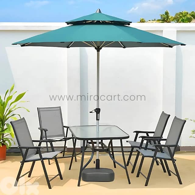 Modern Outdoor Table Set for 4–6 w/ Chairs, Glass Top & Umbrella Hole 0