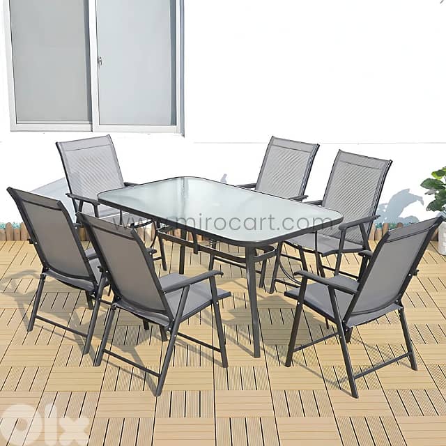 Modern Outdoor Table Set for 4–6 w/ Chairs, Glass Top & Umbrella Hole 1