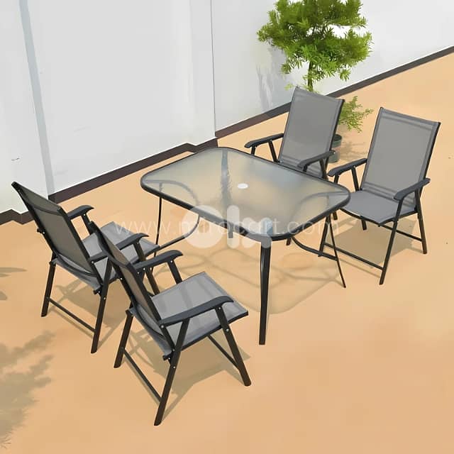 Modern Outdoor Table Set for 4–6 w/ Chairs, Glass Top & Umbrella Hole 2