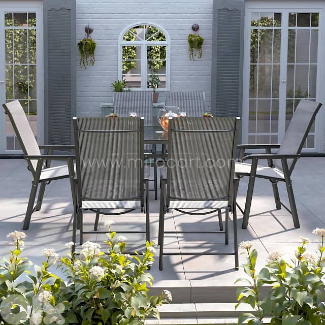 Modern Outdoor Table Set for 4–6 w/ Chairs, Glass Top & Umbrella Hole 4