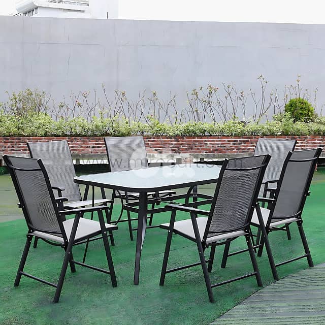 Modern Outdoor Table Set for 4–6 w/ Chairs, Glass Top & Umbrella Hole 5