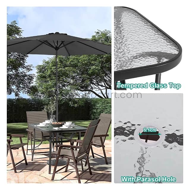 Modern Outdoor Table Set for 4–6 w/ Chairs, Glass Top & Umbrella Hole 13