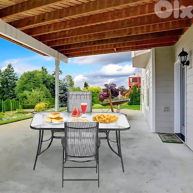 Modern Outdoor Table Set for 4–6 w/ Chairs, Glass Top & Umbrella Hole 16