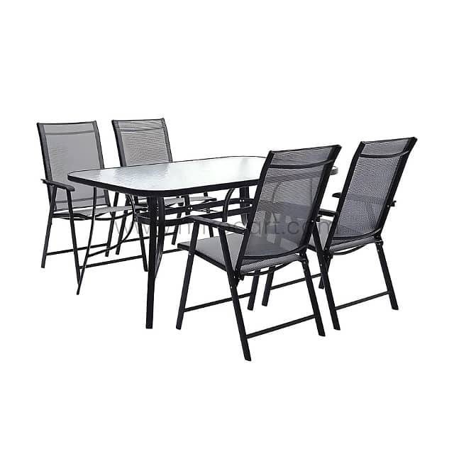 Modern Outdoor Table Set for 4–6 w/ Chairs, Glass Top & Umbrella Hole 19