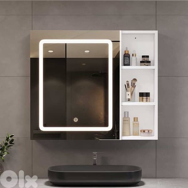 single door mirror cabinet bathroom with LED lighting 1