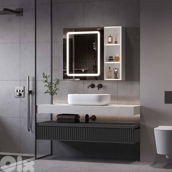 single door mirror cabinet bathroom with LED lighting 7