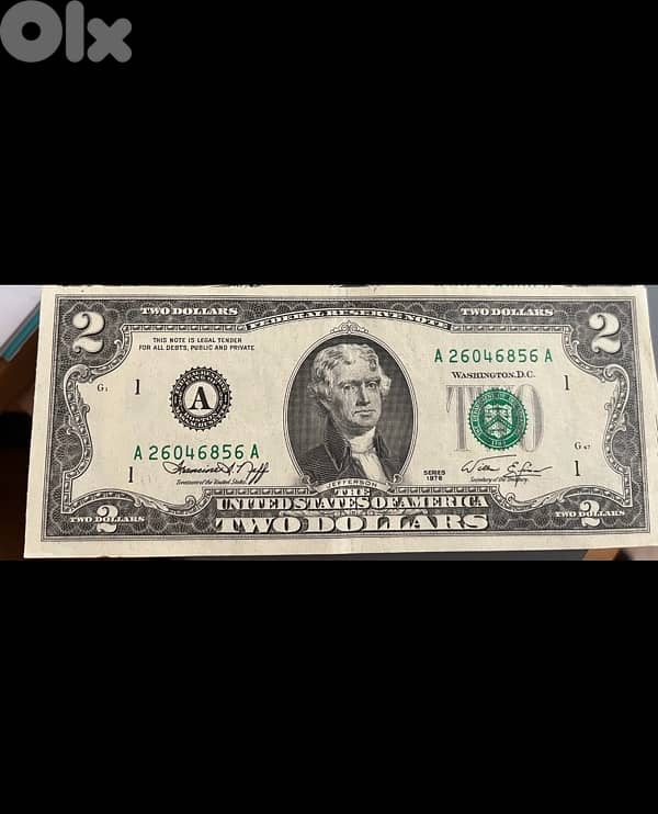 1976 2 USD $ two dollars bill serie A rare A26046856A 0