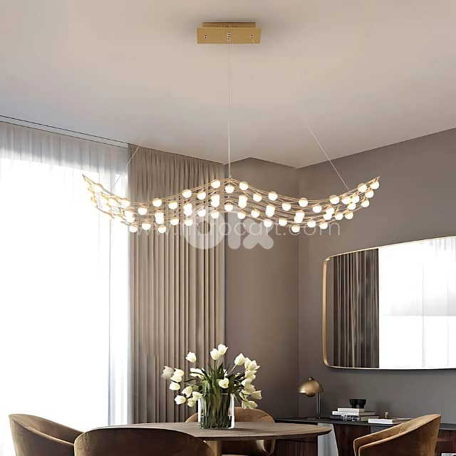 Flowing Gold Chandelier – 64 Warm LEDs, Sleek 120cm Light for Entryway 0
